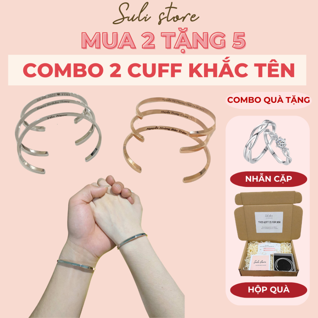 (TẶNG NHẪN ĐÔI)Vòng Tay Cuff Cặp Khắc Tên Theo Yêu Cầu Titan Không Đen Gỉ Suli Store