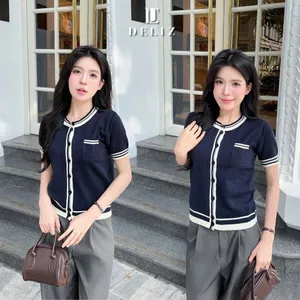 Áo len ngắn tay dệt trám phối cúc cổ tròn basic công sở chất len lông thỏ mềm mại PL44 300G