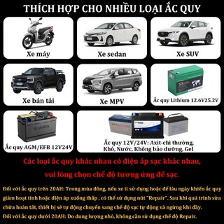 Sạc bình ắc quy ô tô xe máy 12v/24v，sạc cho ắc quy AGM/EFB, pin Li-Po và hầu hết ắc quy chì