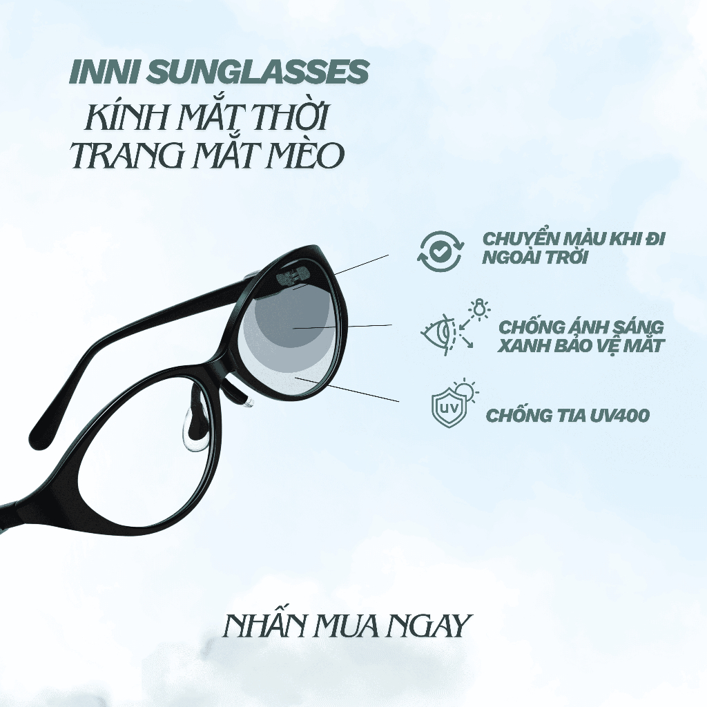Kính Râm Mắt Mèo Đổi Màu INNI Chống Tia UV400, Gọng Kính Mắt Mèo Hottrend, Trẻ Trung - Mã 11533