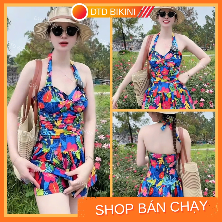BIKINI DTD SWIMWEAR Bộ đồ bơi nữ Liền váy hoa lá dây buộc cổ che khuyết điểm có bigsize B01