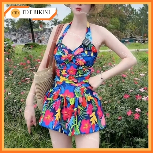 BIKINI DTD SWIMWEAR Bộ đồ bơi nữ Liền váy hoa lá dây buộc cổ che khuyết điểm có bigsize B01