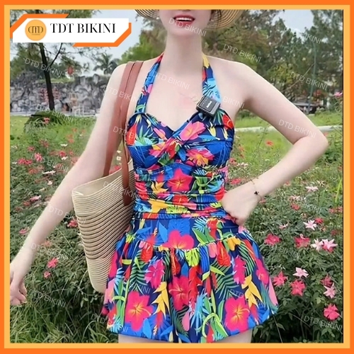 BIKINI DTD SWIMWEAR Bộ đồ bơi nữ Liền váy hoa lá dây buộc cổ che khuyết điểm có bigsize B01