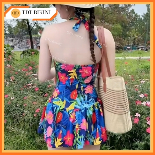 BIKINI DTD SWIMWEAR Bộ đồ bơi nữ Liền váy hoa lá dây buộc cổ che khuyết điểm có bigsize B01