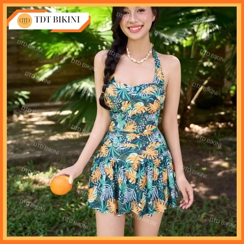 BIKINI DTD SWIMWEAR Bộ đồ bơi nữ Set đi biển liền váy lá buộc cổ tươi mát che khuyết điểm bụng B62