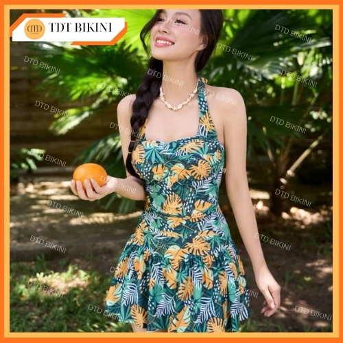 BIKINI DTD SWIMWEAR Bộ đồ bơi nữ Set đi biển liền váy lá buộc cổ tươi mát che khuyết điểm bụng B62
