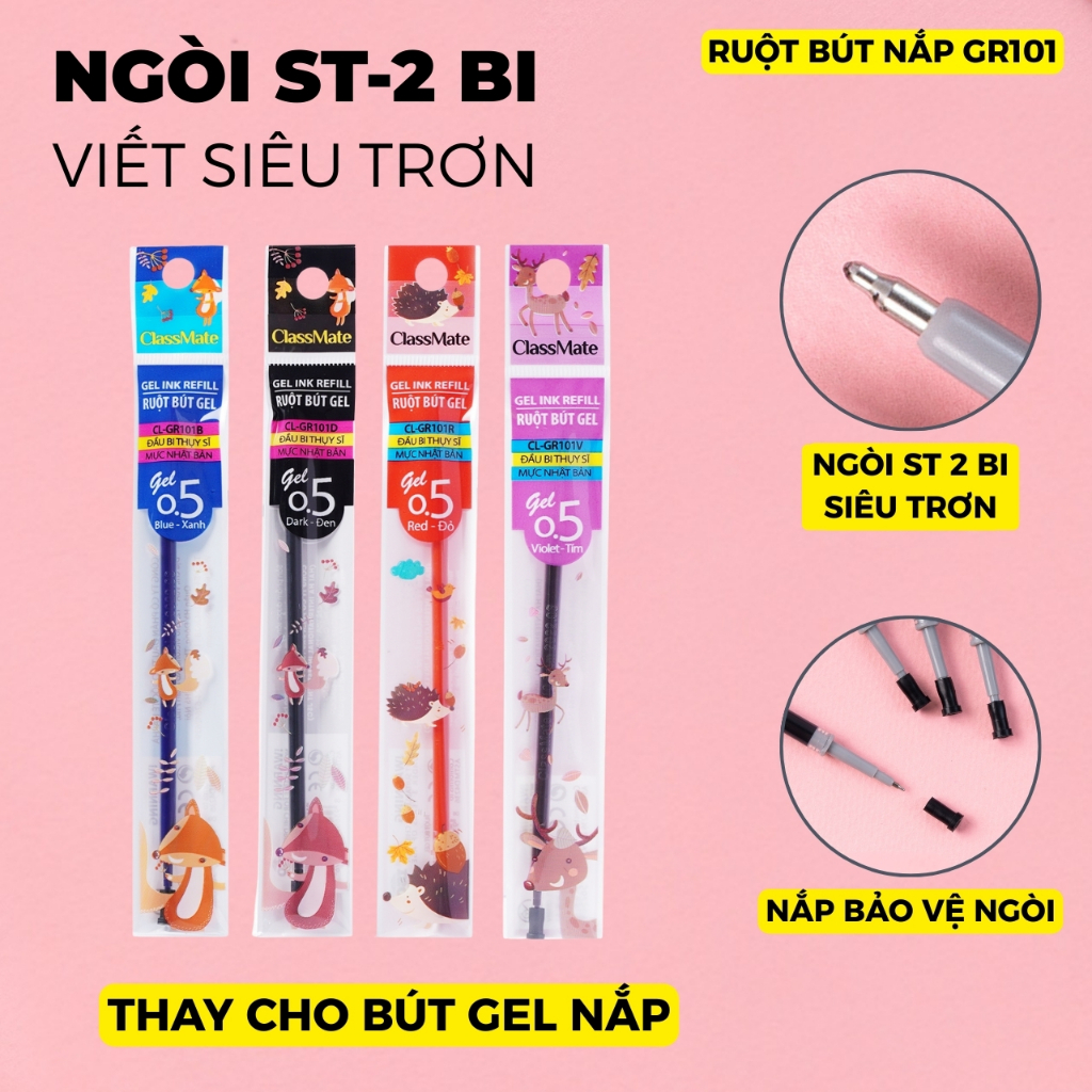Combo 10 20 Ruột Bút Gel Bấm Ngòi ST 0.5mm CLASSMATE Ruột Bút Gel Nắp, Viết Trơn, Nét Đẹp, Đều Mực, Nhanh Khô