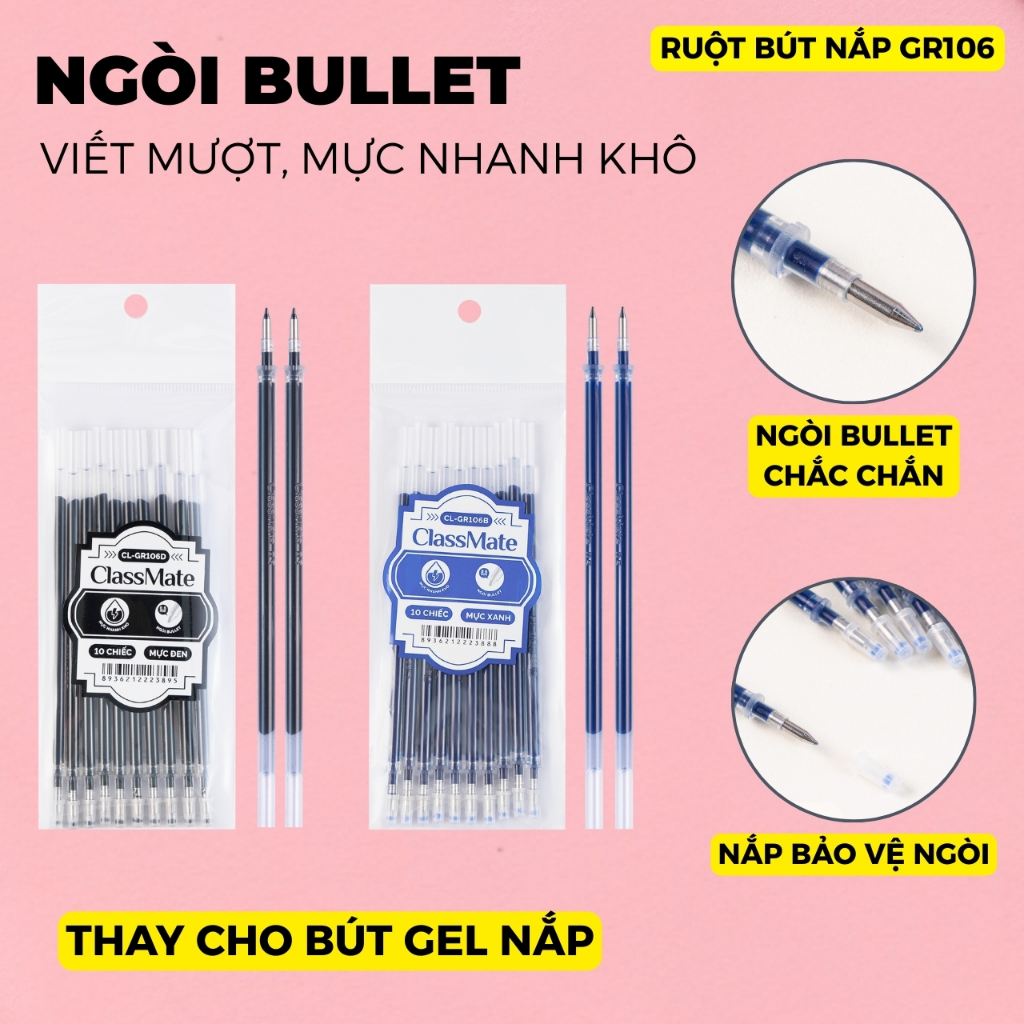 Combo 10 20 Ruột Bút Gel Bấm Ngòi ST 0.5mm CLASSMATE Ruột Bút Gel Nắp, Viết Trơn, Nét Đẹp, Đều Mực, Nhanh Khô