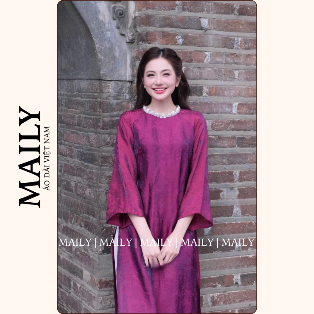 Áo Dài Cách Tân Tường Xuân Lụa Ánh Kim Cổ Tròn Đính Ngọc Sang Trọng - ÁO DÀI MAILY