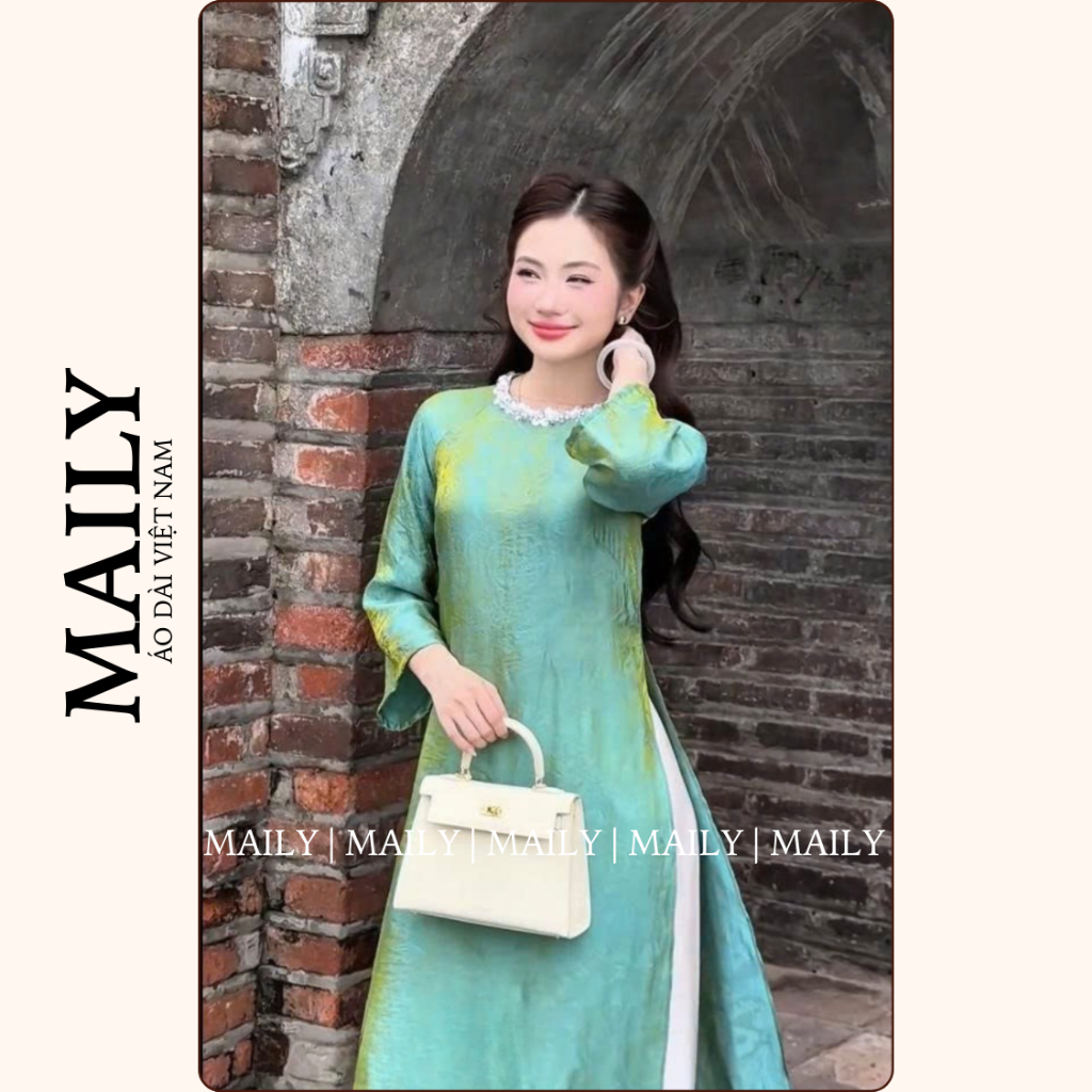 Áo Dài Tường Xuân Dáng Suông Cổ Tròn Đính Ngọc Trẻ Trung - ÁO DÀI MAILY