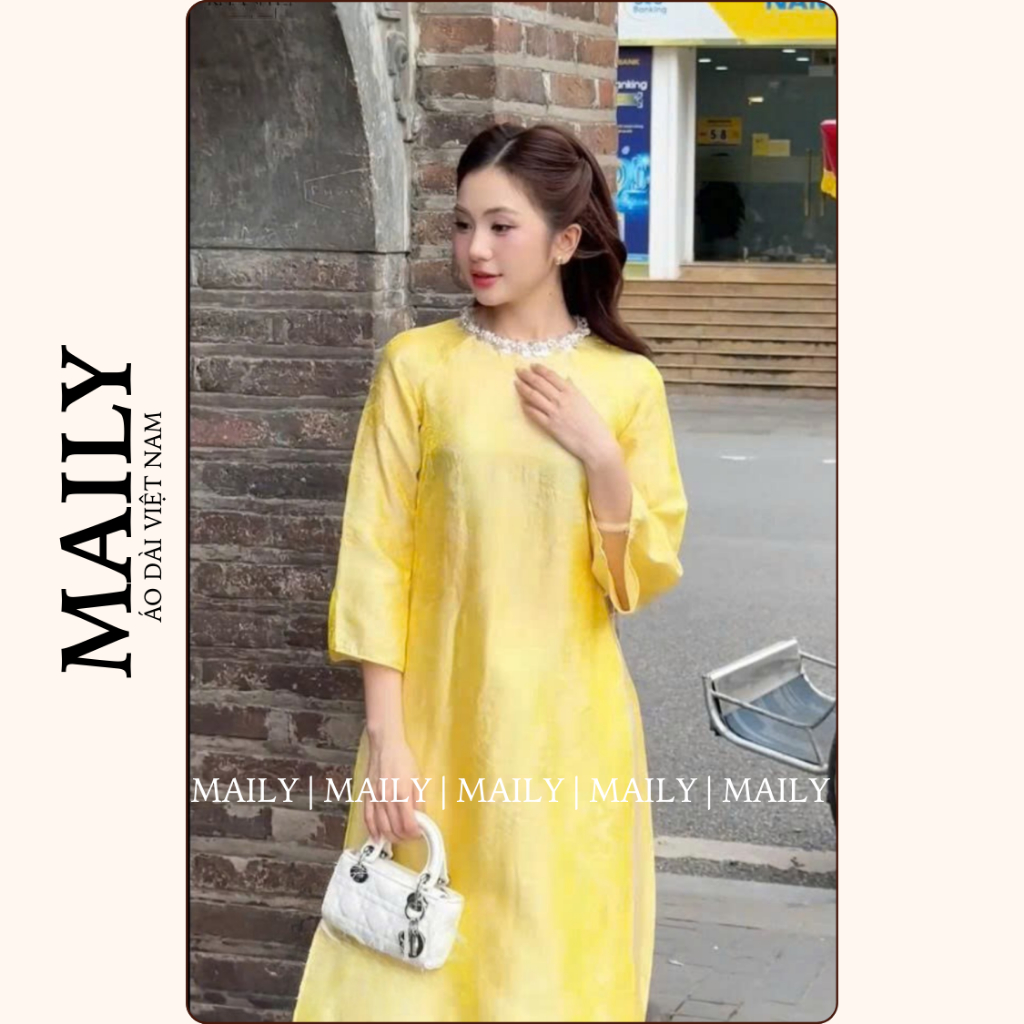 Áo Dài Tường Xuân Dáng Cách Tân Cổ Tròn Đính Ngọc Trang Nhã - ÁO DÀI MAILY