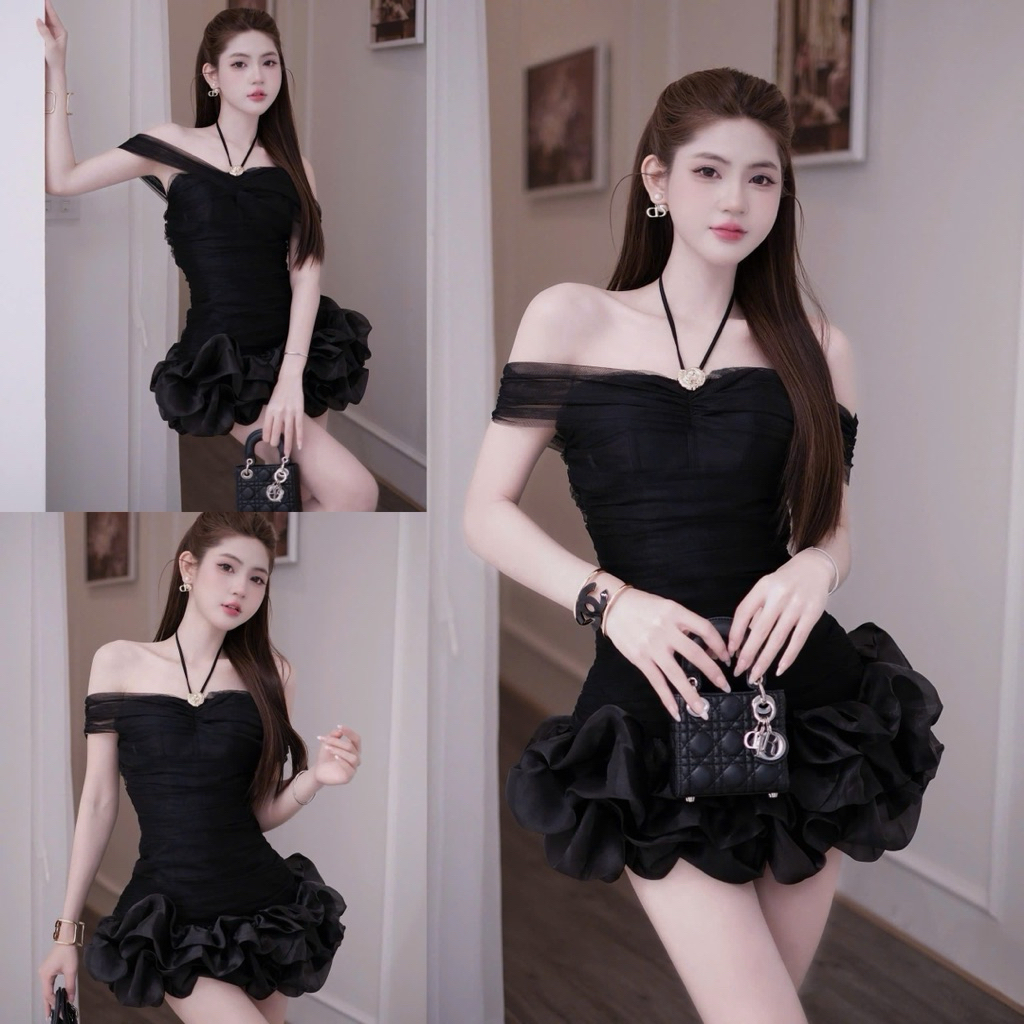 Váy lưới trễ vai chân bồng V178 SM