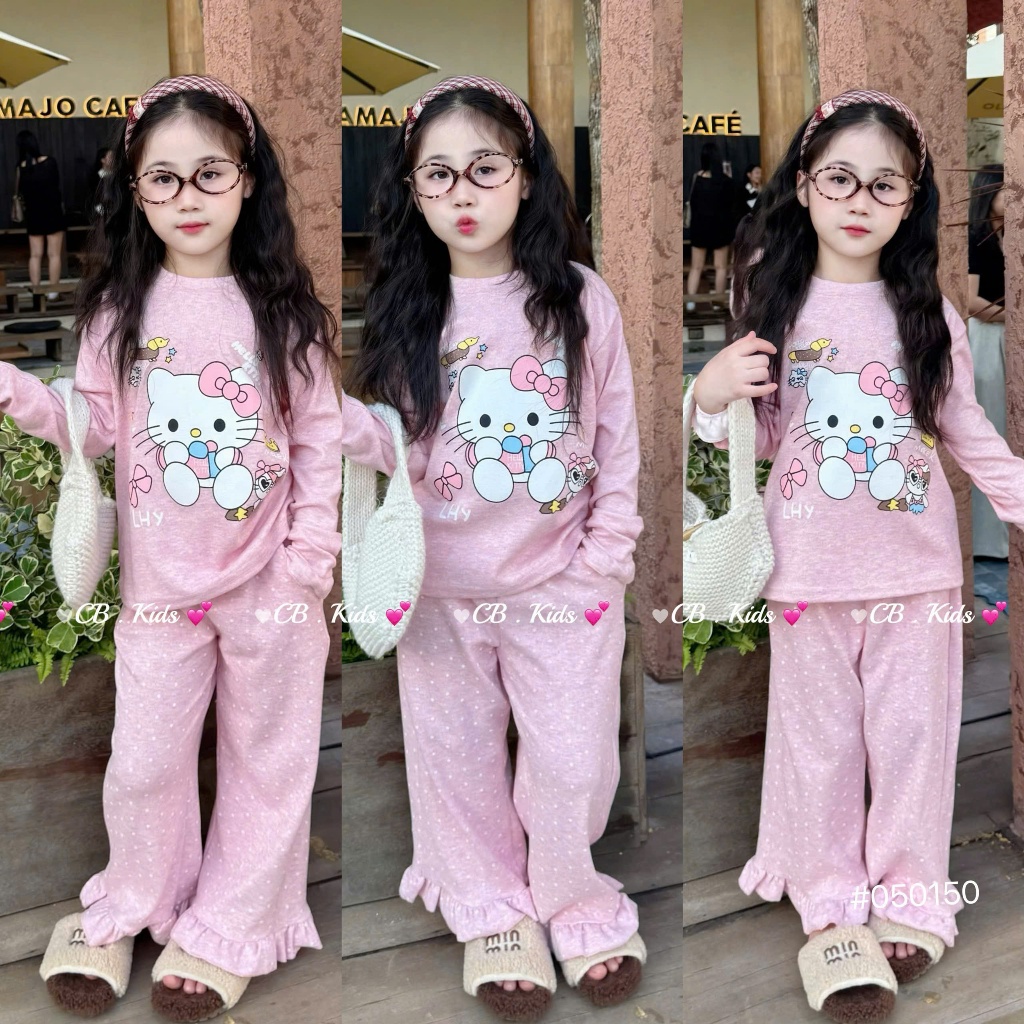 Set Bộ Len Tăm Chất Đẹp In Họa Tiết Mèo,Quần Chấm Bi Dành Cho Bé Gái,Sz7-24kg