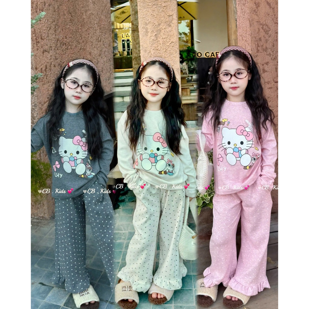 [Rẻ Vô Địch] Set Bộ Len Tăm chất đẹp In Họa Tiết Mèo,Quần Chấm Bi Dành Cho Bé Gái  mặc Tết 2026 ,Sz7-24kg