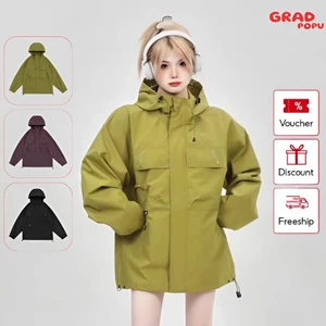 Áo khoác gió GRADPOPU có mũ trùm đầu phong cách Nhật Bản tay dài túi lớn dành cho nam nữ PAK55