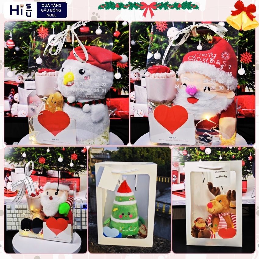 Set Quà Tặng Gấu Bông Giáng Sinh Noel Túi Mica Kèm Bó Hoa,Đèn Led,Thiệp Quà Tặng Cho Bé,Bạn Gái, Người Thân Ngày Noel