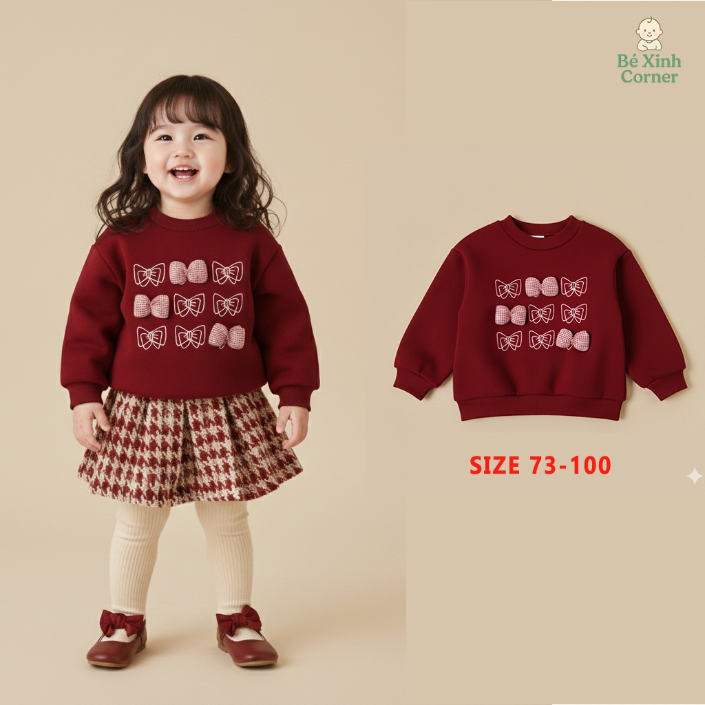 Bé Xinh Corner | Áo Nỉ Bông Lót Lông Cừu Cho Bé Gái – Màu Đỏ Đính Nơ 3D Xinh Xắn (Size 73–100)