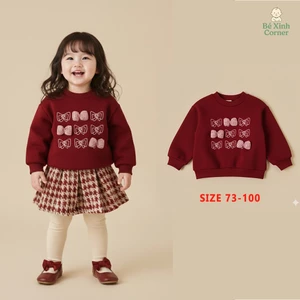 Bé Xinh Corner | Áo Nỉ Bông Lót Lông Cừu Cho Bé Gái – Màu Đỏ Đính Nơ 3D Xinh Xắn (Size 73–100)