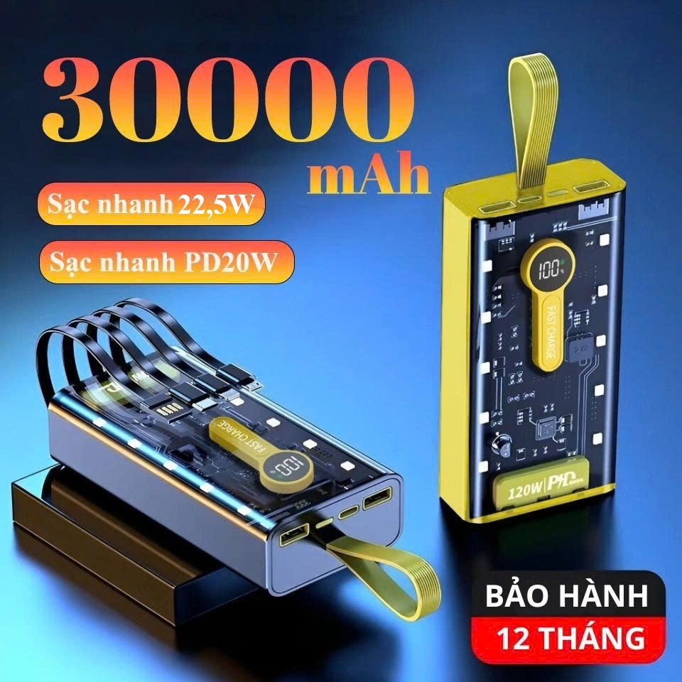 Sạc Dự Phòng 22,5W 30000mAh Sạc Nhanh Trong Suốt Tích Hợp 4 Cổng Sạc Tiện Lợi Có Đèn LED