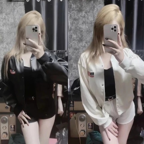 Áo khoác da nữ bóng bẩy dáng croptop thêu Cờ AA đỏ siêu xinh xắn