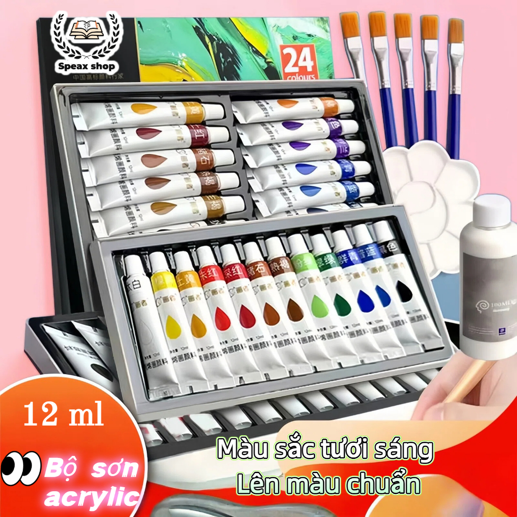 Màu Nước Gouache, Màu Acrylic gấu trúc Dạng Tuýp 12ml/5ml,hộp 12/18/24/36 màu