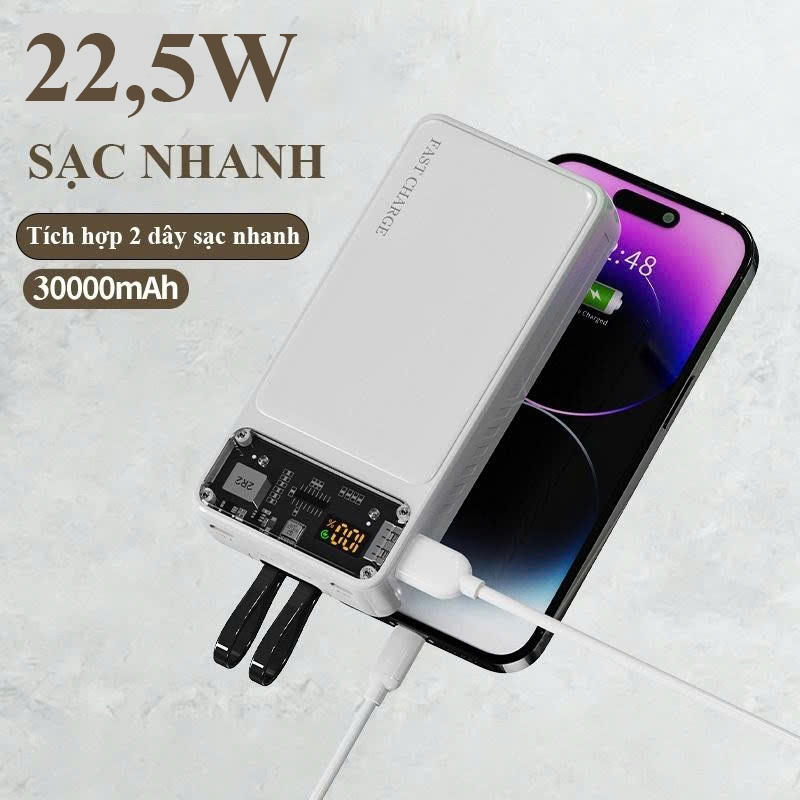 Sạc Dự Phòng 30000mAh Sạc Nhanh 22,5W PD 20W Tích Hợp 2 Dây Sạc Cho Nhiều Thiết Bị Màn Hình Led