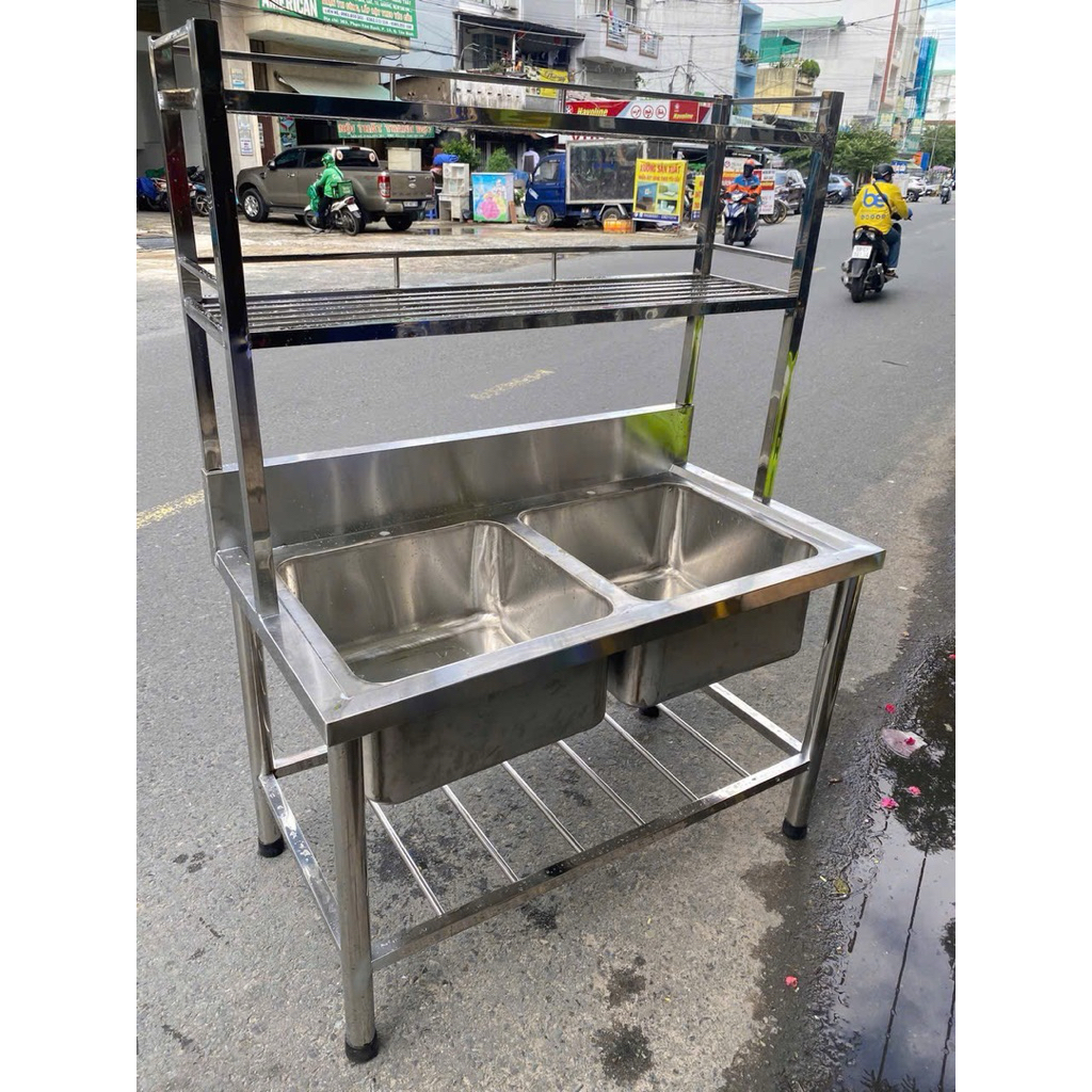 chậu rửa inox công nghiệp hai hố kèm kệ chén kt 60x120x150