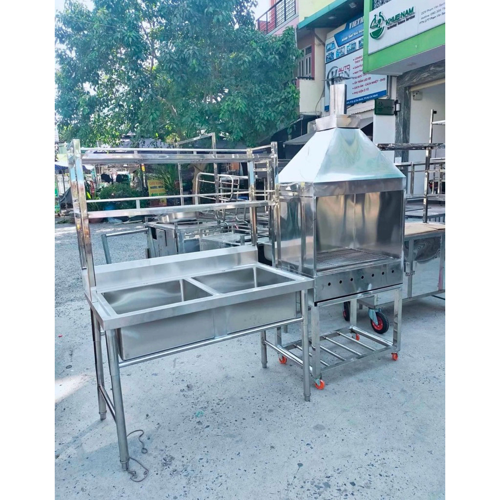 chậu rửa inox công nghiệp hai hố kèm kệ chén kt 60x120x150