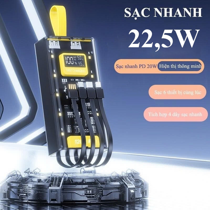 Sạc dự phòng trong suốt dung lượng 50.000mAh sạc nhanh 22,5W kèm 4 cáp sạc tích hợp đèn ngủ