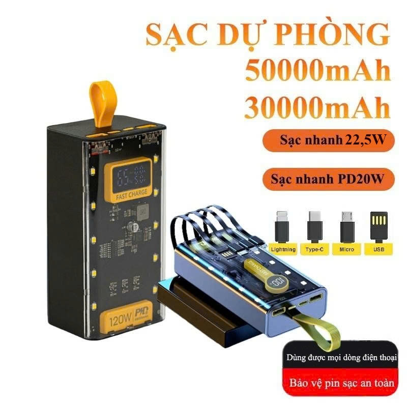 Sạc Dự Phòng 50000mAh Sạc Nhanh 22,5W Tích Hợp 4 Dây Sạc Đa Năng Hỗ Trợ Sạc Laptop, Điện Thoại, Máy Tính Bảng