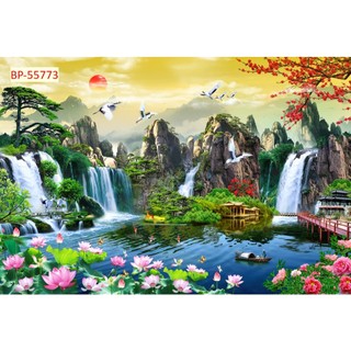 Tranh DÁN tường VẢI LỤA Phong cảnh sơn thủy phong thuỷ GIẢ VIỀN KHUNG TRANH KHỔ LỚN LL
