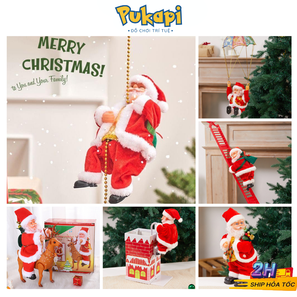 Ông Già Noel Chui Ống Khói Leo Dây Lắc Hông Nhảy Leo Khói Dù Có Đèn Có Nhạc Vui Nhộn Trang Trí Noel-Đồ Chơi Cho Bé PUKAP