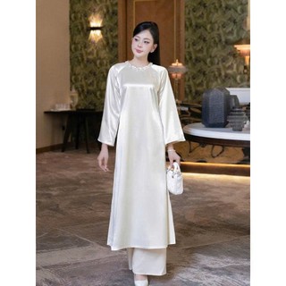 SET Ao Dài Lụa Cổ Tròn Đính Kết THủ Công 3 Màu Siêu xinh. M06