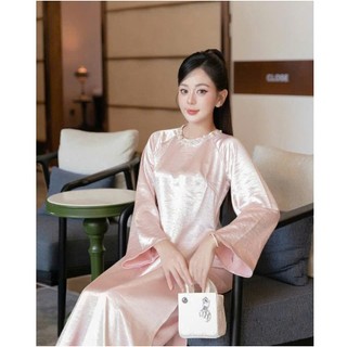 SET Ao Dài Lụa Cổ Tròn Đính Kết THủ Công 3 Màu Siêu xinh. M06