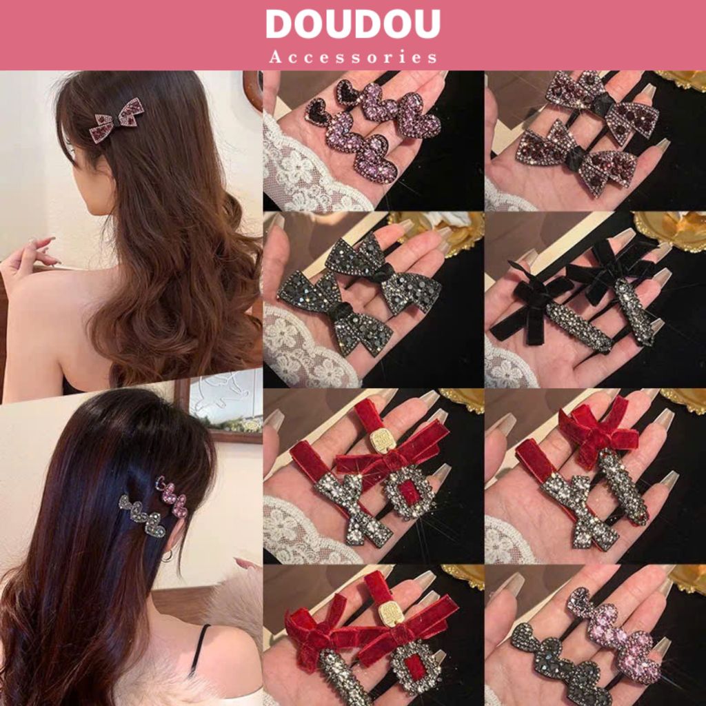 Set 2 Kẹp tóc mái đính đá đi tiệc Doudou Kẹp mái đính nơ Cặp tóc nữ Kẹp tóc tiểu thư Hàn Quốc FJ104