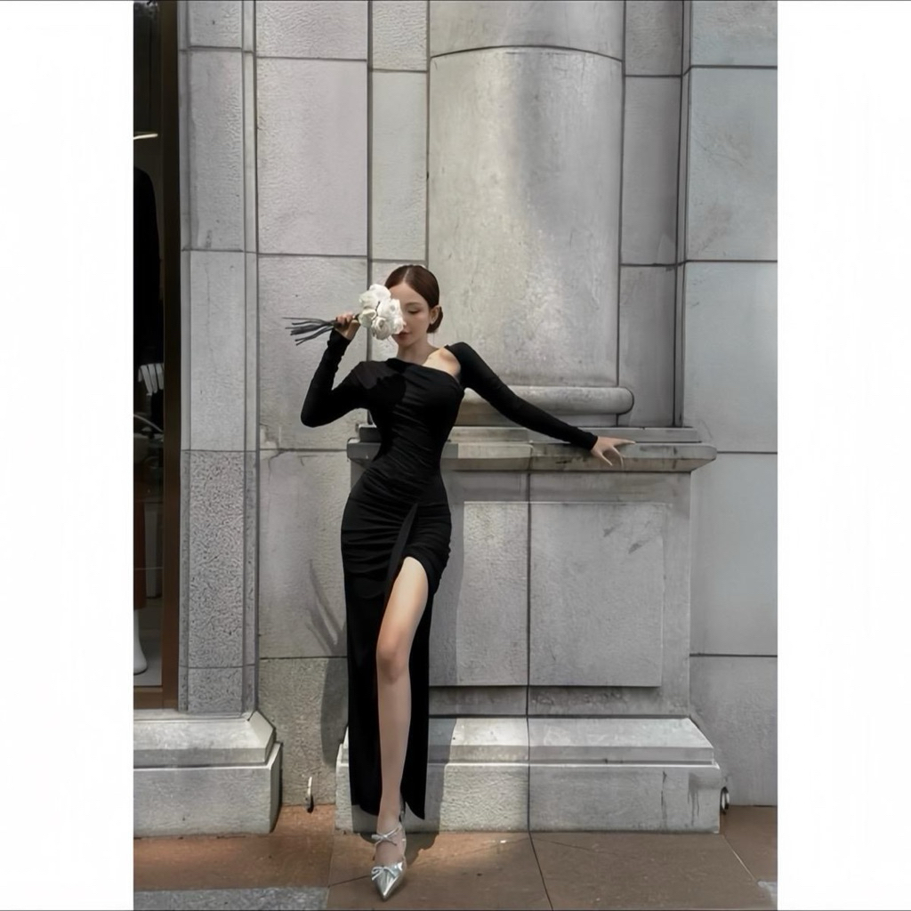 [LỆCH VAI ]Đầm body LỆCH VAI XẺ HÔNG TRÁI thun lụa mịn Ladong Xuân Mai Shop
