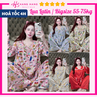 Đồ ngủ nữ bigsize 55-75kg, pijama dài tay cổ sen bèo lụa latin mịn mát 75DD24, đồ bộ nữ đồ mặc nhà tiểu thư dễ thương
