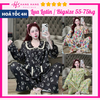 Đồ ngủ nữ bigsize 55-75kg, pijama dài tay cổ sen bèo lụa latin mịn mát 75DD24, đồ bộ nữ đồ mặc nhà tiểu thư dễ thương
