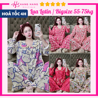 Đồ ngủ nữ bigsize 55-75kg, pijama dài tay cổ sen bèo lụa latin mịn mát 75DD24, đồ bộ nữ đồ mặc nhà tiểu thư dễ thương