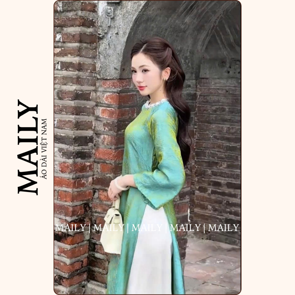 Áo Dài Tường Xuân Dáng Suông Cổ Tròn Đính Ngọc Trẻ Trung - ÁO DÀI MAILY