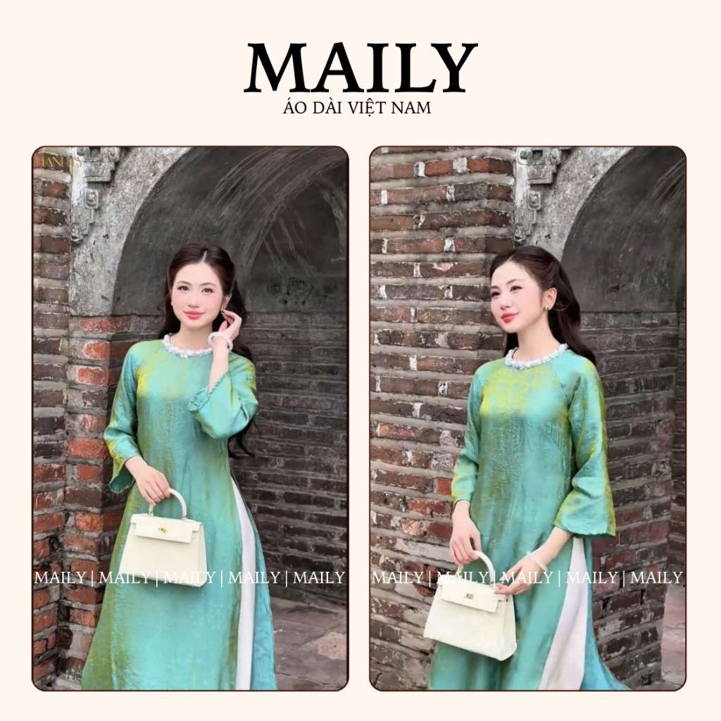Áo Dài Tường Xuân Dáng Suông Cổ Tròn Đính Ngọc Trẻ Trung - ÁO DÀI MAILY