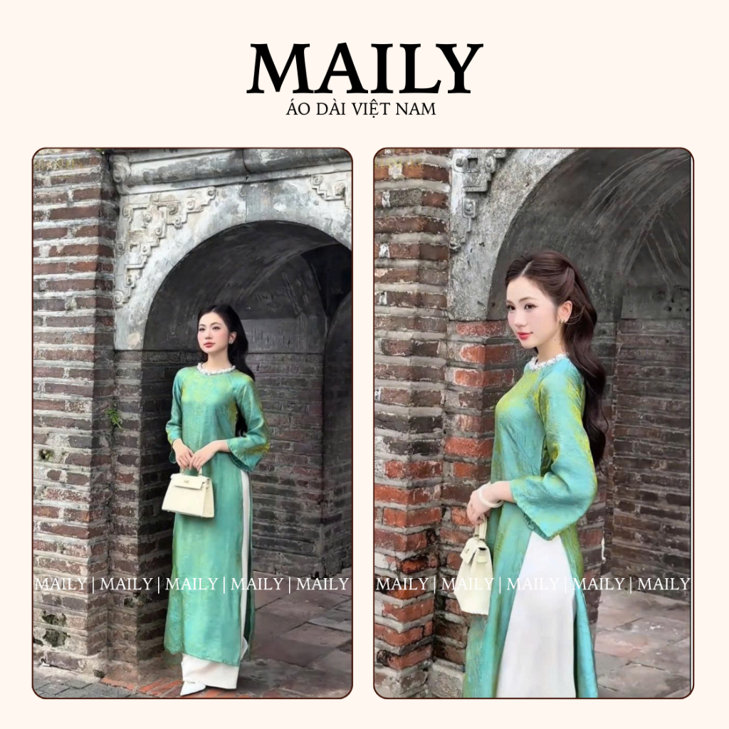 Áo Dài Tường Xuân Dáng Suông Cổ Tròn Đính Ngọc Trẻ Trung - ÁO DÀI MAILY