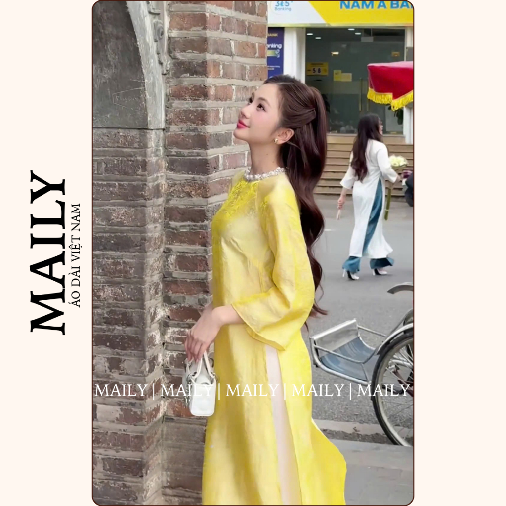 Áo Dài Tường Xuân Dáng Cách Tân Cổ Tròn Đính Ngọc Trang Nhã - ÁO DÀI MAILY
