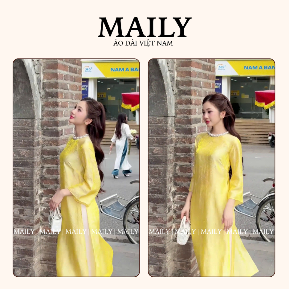 Áo Dài Tường Xuân Dáng Cách Tân Cổ Tròn Đính Ngọc Trang Nhã - ÁO DÀI MAILY