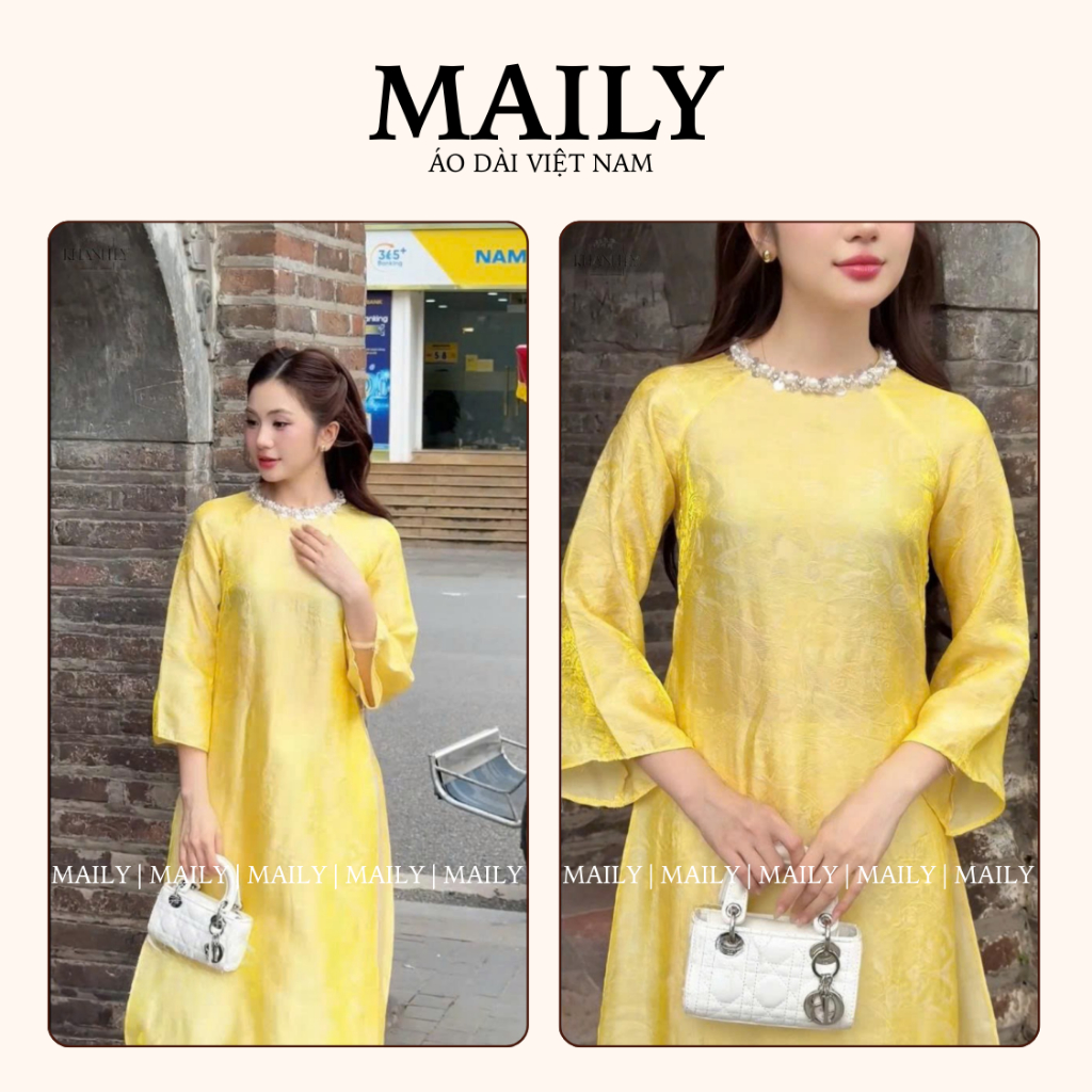 Áo Dài Tường Xuân Dáng Cách Tân Cổ Tròn Đính Ngọc Trang Nhã - ÁO DÀI MAILY