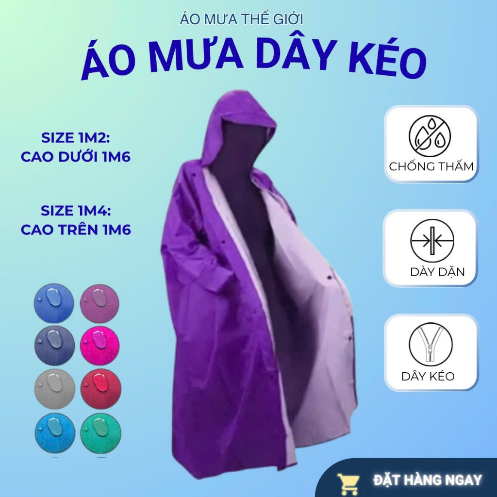 Áo Mưa Bit Dây Kéo Trước Chất Liệu Vải Dù Tổ Ong,Da Cá Cao Cấp, Hàng Chất Lượng Cao Size 1m2-1m4