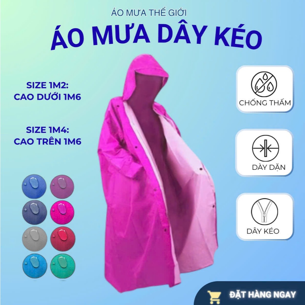 Áo Mưa Bit Dây Kéo Trước Chất Liệu Vải Dù Tổ Ong,Da Cá Cao Cấp, Hàng Chất Lượng Cao Size 1m2-1m4