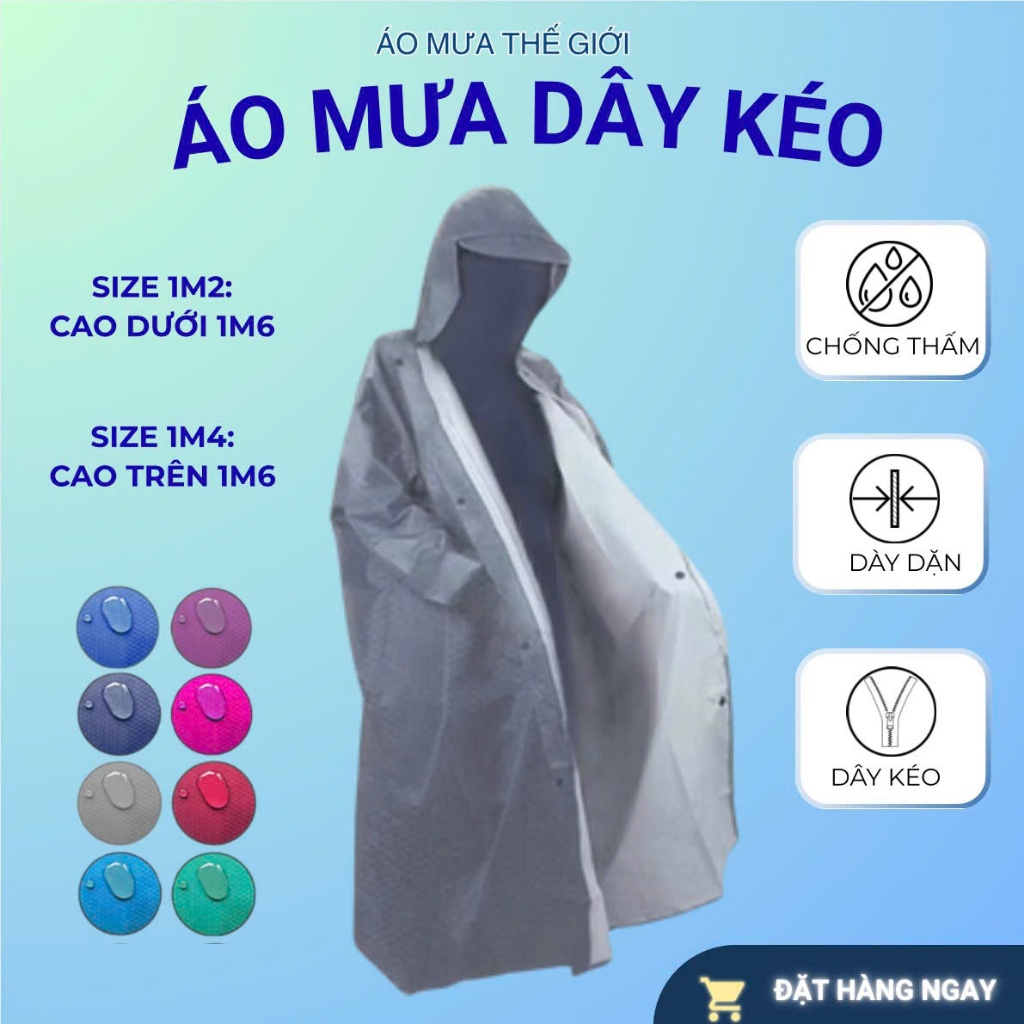 Áo Mưa Bit Dây Kéo Trước Chất Liệu Vải Dù Tổ Ong,Da Cá Cao Cấp, Hàng Chất Lượng Cao Size 1m2-1m4