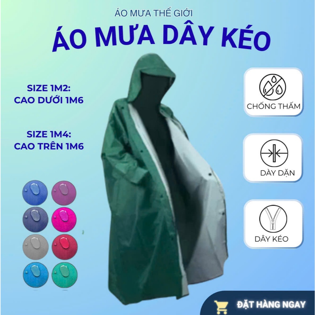 Áo Mưa Bit Dây Kéo Trước Chất Liệu Vải Dù Tổ Ong,Da Cá Cao Cấp, Hàng Chất Lượng Cao Size 1m2-1m4
