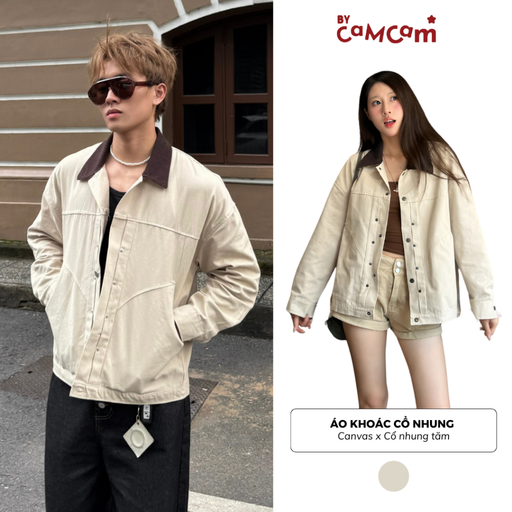 Áo Khoác Canvas Phối Cổ Nhung Unisex 𝑩𝒚𝒄𝒂𝒎𝒄𝒂𝒎 Streetwear Form Rộng Phong Cách Đơn Giản Nam Nữ AKHD287